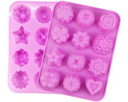 Siliconen bakvormen voor taarten, chocolade, gelei, pudding en desserts. Vormen met 12 holtes in de vorm van bloemen en harten. Verpakking van 2.