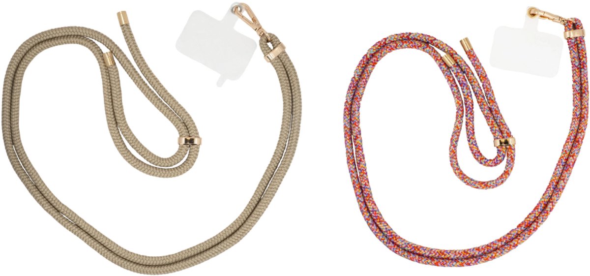xoxo Wildhearts telefoonkoorden Easy Cord Bruin Goud + Easy Cord Regenboog Goud – verstelbare telefoonkettingen met speelse look – duurzaam en modieus – geschikt voor iPhone / Samsung