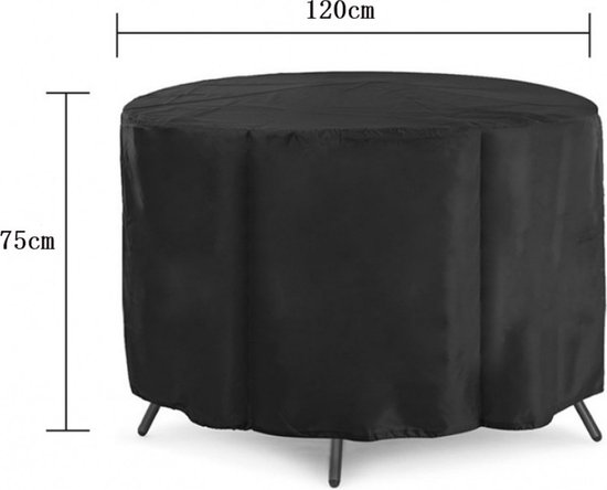 Zwarte ronde tuintafelhoes met afmetingen 120cm breed en 75cm hoog.