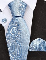 Cravate Sorprese avec pochette et Boutons de manchette - Motif cachemire bleu acier - 8 cm - 100 % soie - Pochette - Cadeau de Noël
