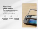 Nintendo Switch 2 met opzetframe, met tekst over snelle, vlekkeloze en luchtbelvrije bevestiging.
