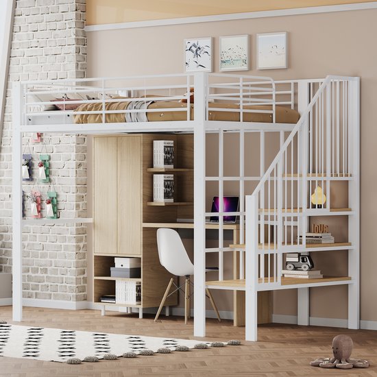 Lit mezzanine 140 x 200 cm avec rangement sous le lit, escalier inclus, lit enfant, blanc, sans matelas