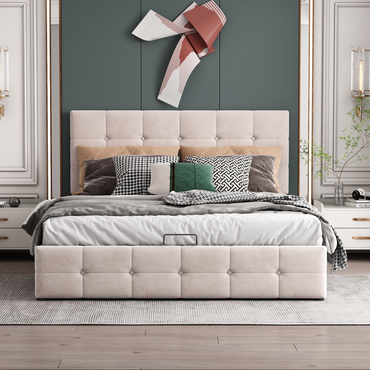 140x200 cm gestoffeerd bed - tweepersoonsbed met opbergruimte - verstelbaar hoofdeinde - roomwit - zonder matras