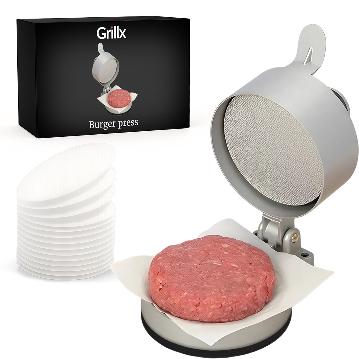 Grillx Hamburgerpers - Incl. 100x Wax Papiertjes - Professionele Hamburgermaker - In Dikte Verstelbaar - Hamburger Pers / Maker