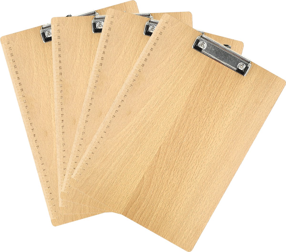 Klembord A4 – Set van 4 Houten Klemborden – Met Sterke Klem en Liniaal – Harde Houtlook Schrijfplaat voor School, Kantoor, Horeca en Thuis