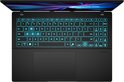 Zicht op het opengeklapte toetsenbord van een zwarte ASUS laptop, met turquoise verlichting.