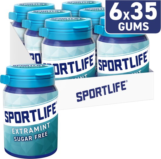 Doos met 6 potten Sportlife Extramint suikervrije kauwgom.