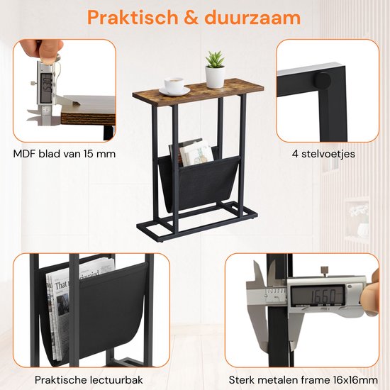 Details bijzettafel: MDF blad van 15mm, 4 stelvoetjes, praktische lectuurbak, sterk metalen frame 16x16mm.