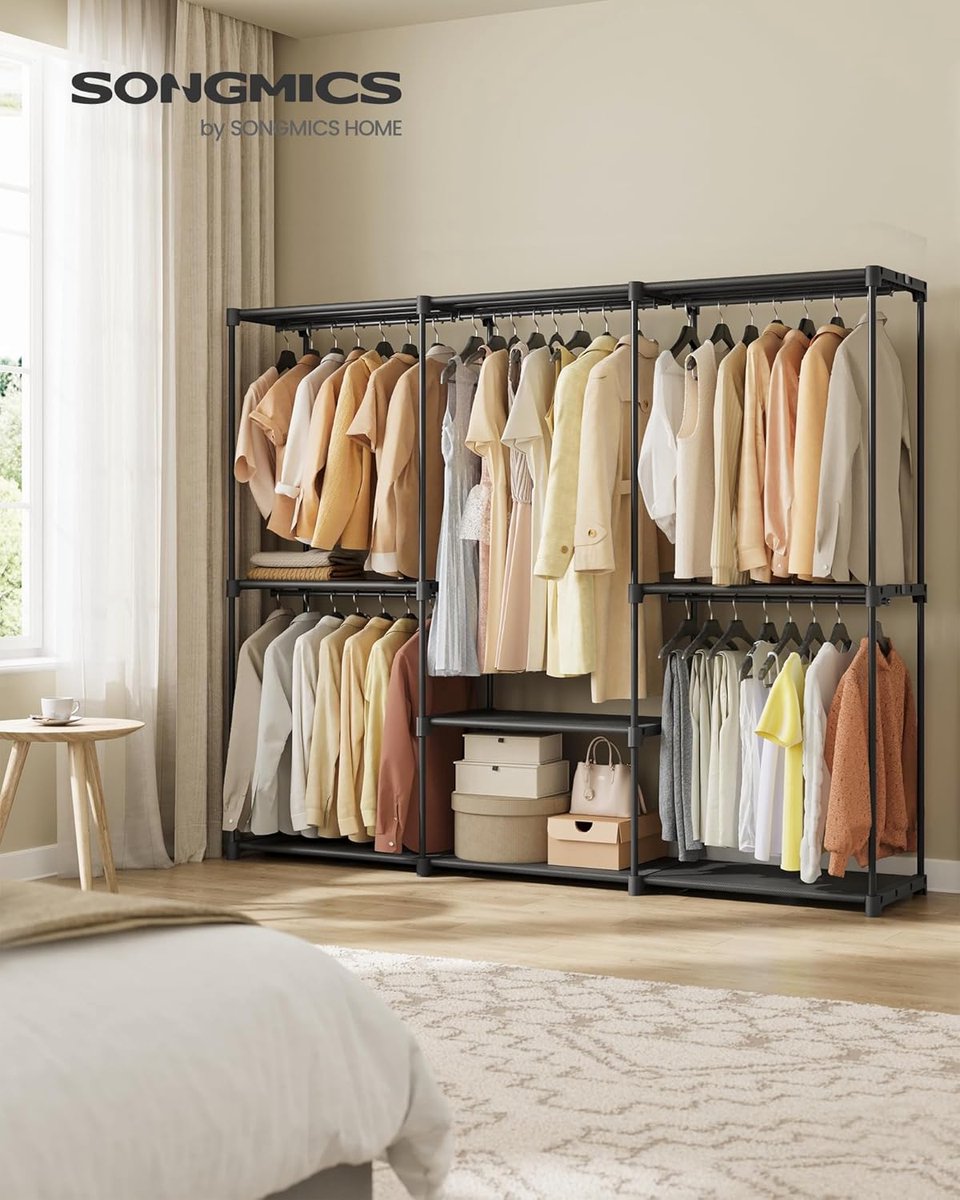 SONGMICS Opbergkast, opvouwbare kledingkast, metalen kast, met 5 ophangstangen, kledingrek, voor garderobe, slaapkamer, 205 x 43 x 166 cm, inktzwart RYG035B01