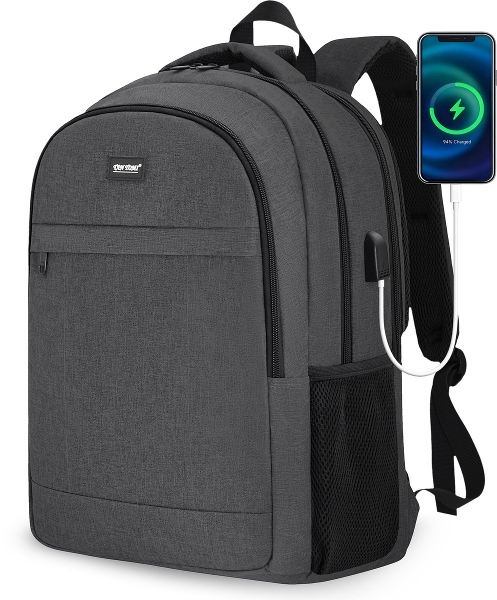 TAN.TOMI Rugzak - Laptop Rugzak - 28L - Inclusief Usb Oplaadstation - 17,3 Inch - Schooltas - Heren en Dames - Tas - Zwart