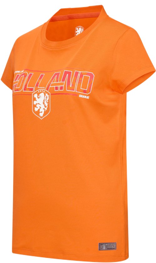 T-shirt orange KNVB pour femme avec inscription 'HOLLAND ORANJE' et lion.