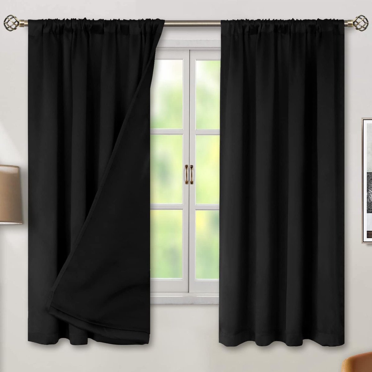 Thermisch geïsoleerde 100% verduisterende slaapkamergordijnen met zwarte voering, dubbele laag verduisterende gordijnen voor de hele kamer met geluidsreductie (132*160CM, zwart, 2 stuks)