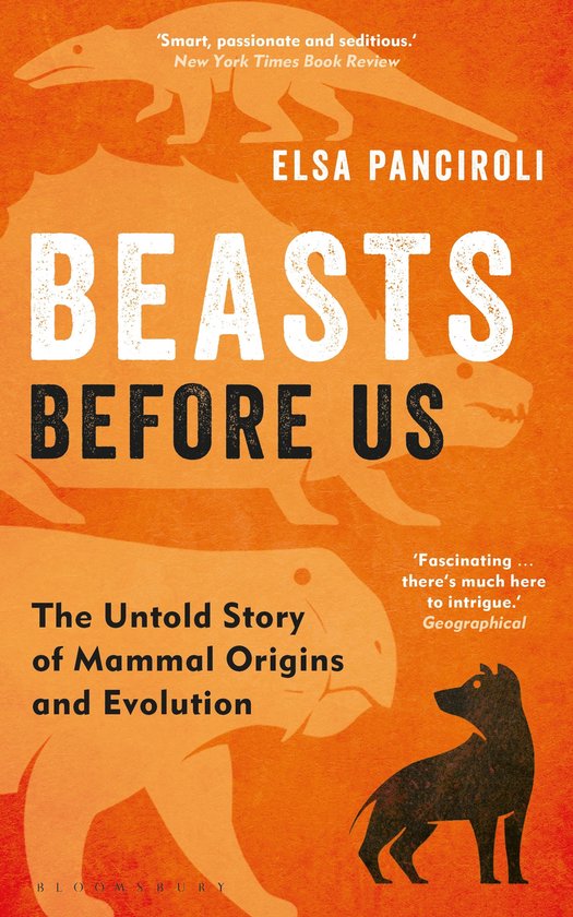 Boekcover 'Beasts Before Us' met een silhouet van prehistorische dieren en de titel in grote letters.