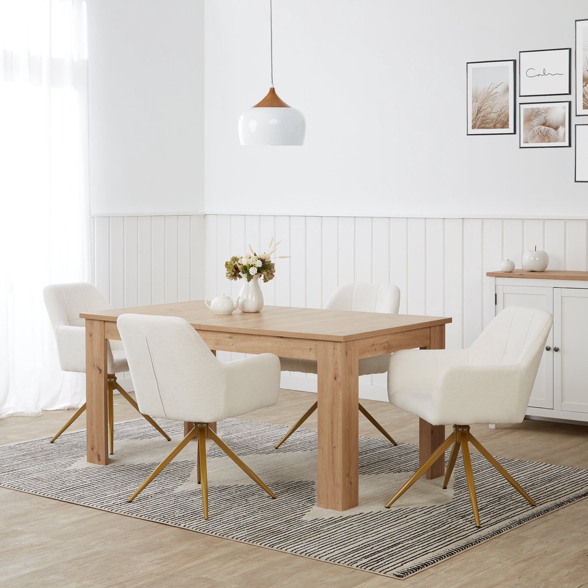 Homestyle4u Eetkamerstoel - 1 stuk - Draaibaar - met armleuningen - Beige en Gouden - Bouclé