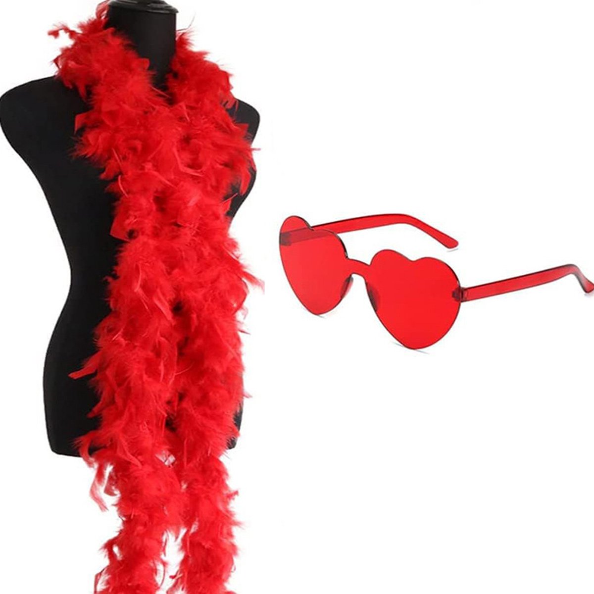 1x Veren sjaal & hartvormige bril set - Maskeradefeestkostuum voor vrouwen - Feest Cosplay (rood)