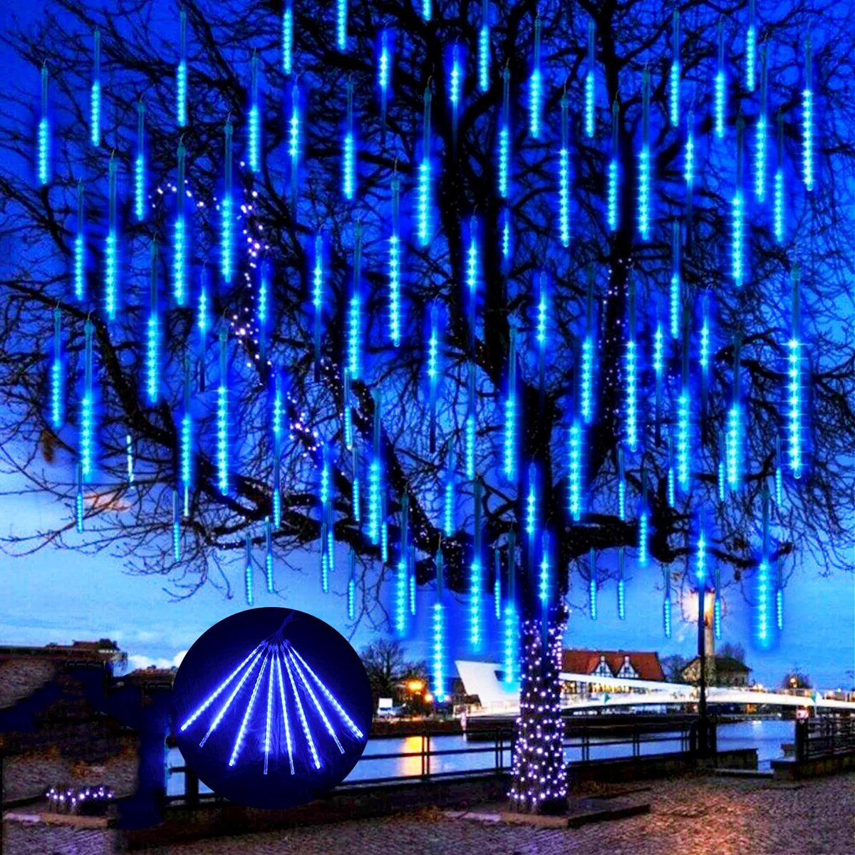 MUPOO 3x Kerstverlichting Meteorenregen Lichtsnoer voor buiten- 50cm 288 LEDS Blauw licht - 360° Buitenverlichting-Energiebesparing en milieubescherming-Voor Skiresorts en Kerstcircus Evenementen
