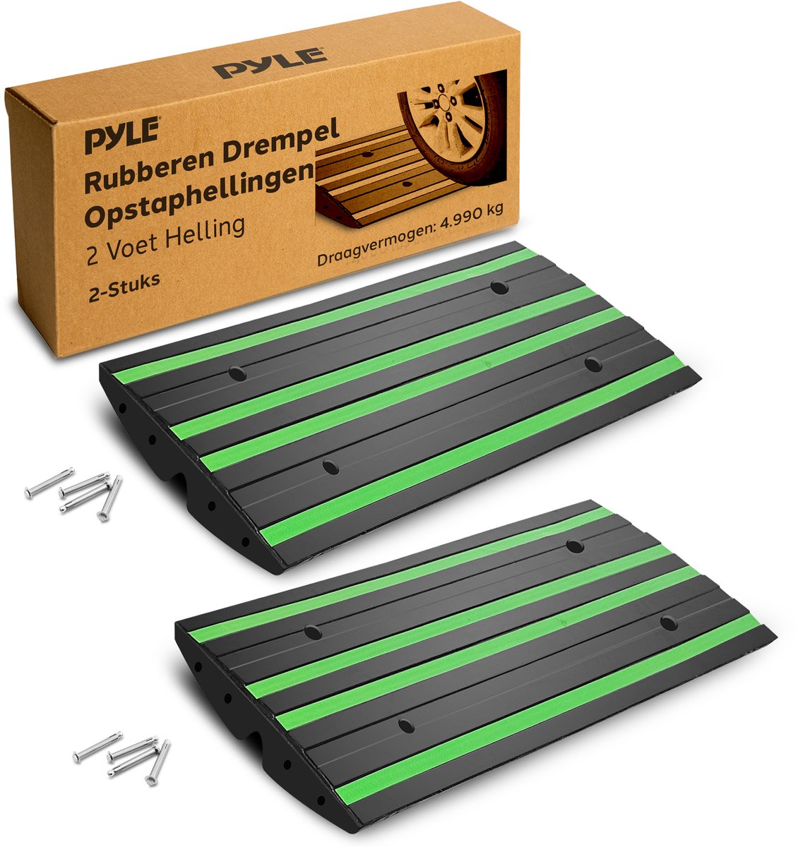 Pyle Oprijplaat Set van 2 – Rubber Drempelhulp 60 cm – Antislip Oprijramp voor Auto, Vrachtwagen, Camper of Heftruck – Met Reflecterende Groene Strip