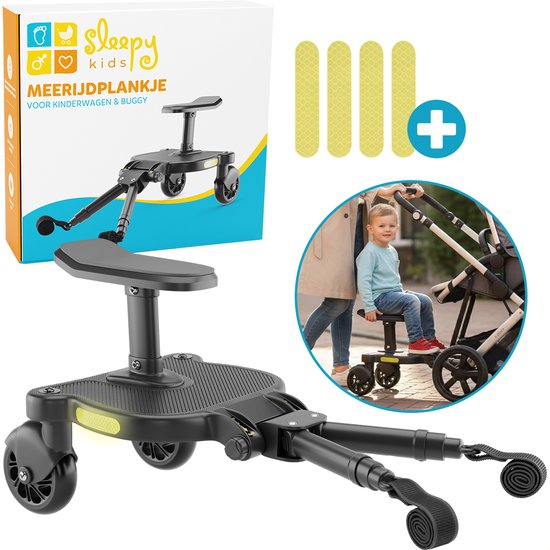 SleepyKids® Meerijdplankje SafeRide - Universeel - Kinderwagen & Buggy - Board Met Zitje - Accessoires - Zwart