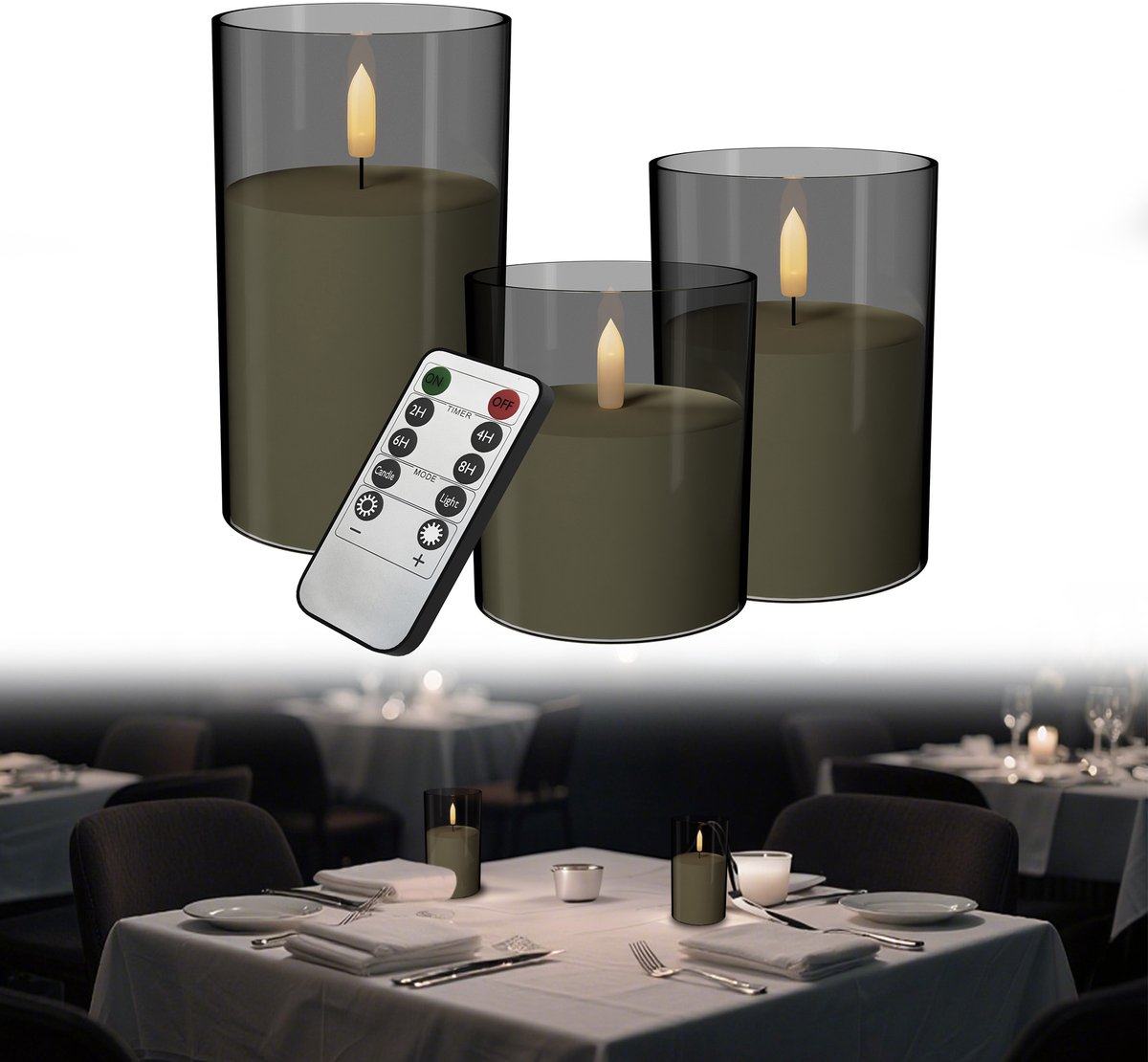 LED-kaarsen met timerfunctie en afstandsbediening - Vlamloze, flikkerende batterijkaarsen voor thuis, bruiloften, kerstdecoraties en stijlvolle woonaccessoires Matgrijs