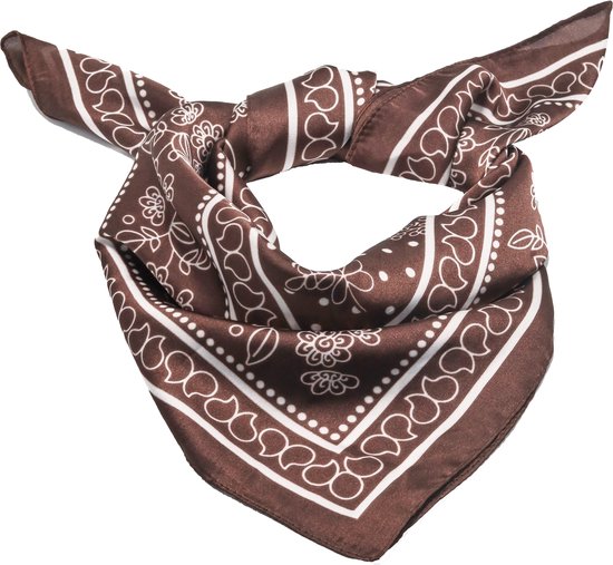 Bruine bandanasjaal met witte bloemen- en paisleyprint, geknoopt.
