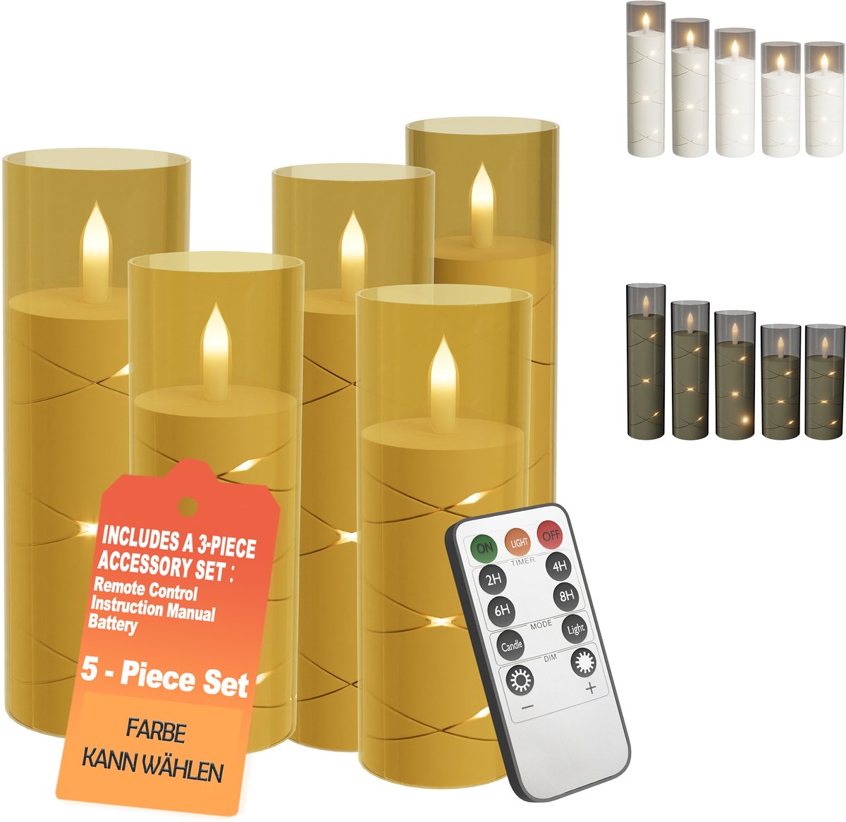 LED-kaarsen met ingebouwde lichtslinger, Vlamloze kaarsen, Op batterijen met afstandsbediening, Timer, Elektrische kaarsen, Boekenplank, Kerstmis, Woonkamerdecoratie, Set van 5 - Goud