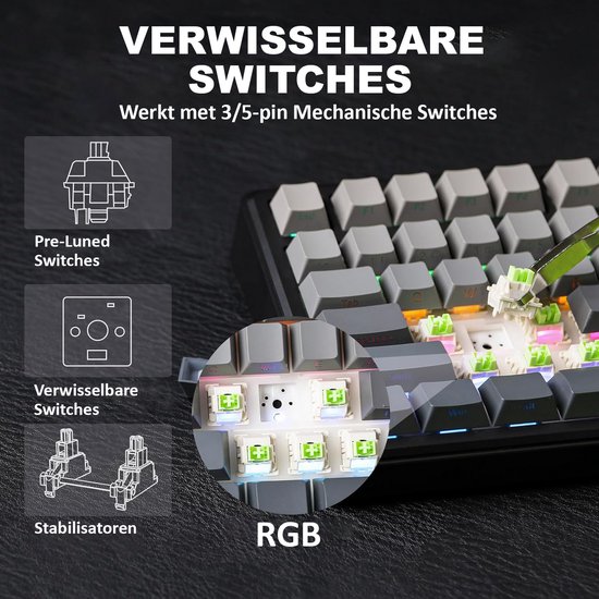 Mechanisch toetsenbord met verwisselbare 3/5-pin switches, pre-lunned switches en stabilisatoren. Close-up van RGB-verlichting en schakelaars.