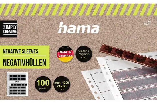 Hama Negatiefhoezen verpakking, 100 stuks voor 24x36mm fotorolletjes. Gemaakt in Duitsland.
