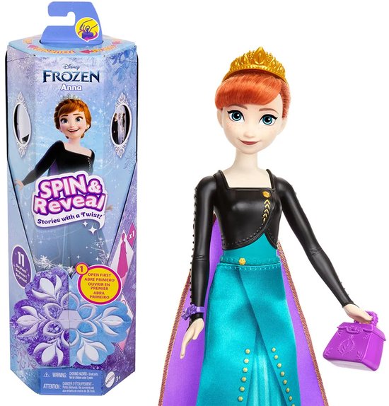Anna pop met kroon, zwart-blauwe jurk, paarse cape en paarse handtas.