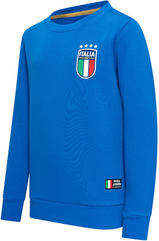 Felblauwe trui met "ITALIA"-wapen op de borst en een patch met Italiaanse vlag en "FORZA AZZURRI" aan de onderkant.