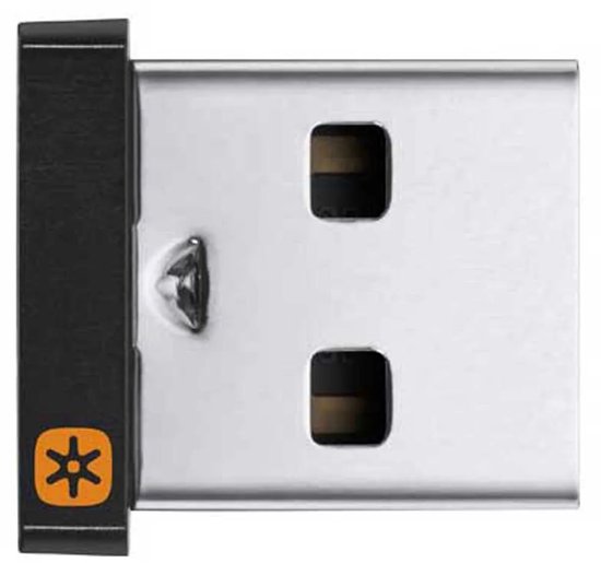 Zwarte Logitech Unifying USB-ontvanger met oranje ster-logo.