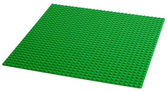 Effen groene LEGO bouwplaat, 10x10 noppen, met witte rand, op witte achtergrond.
