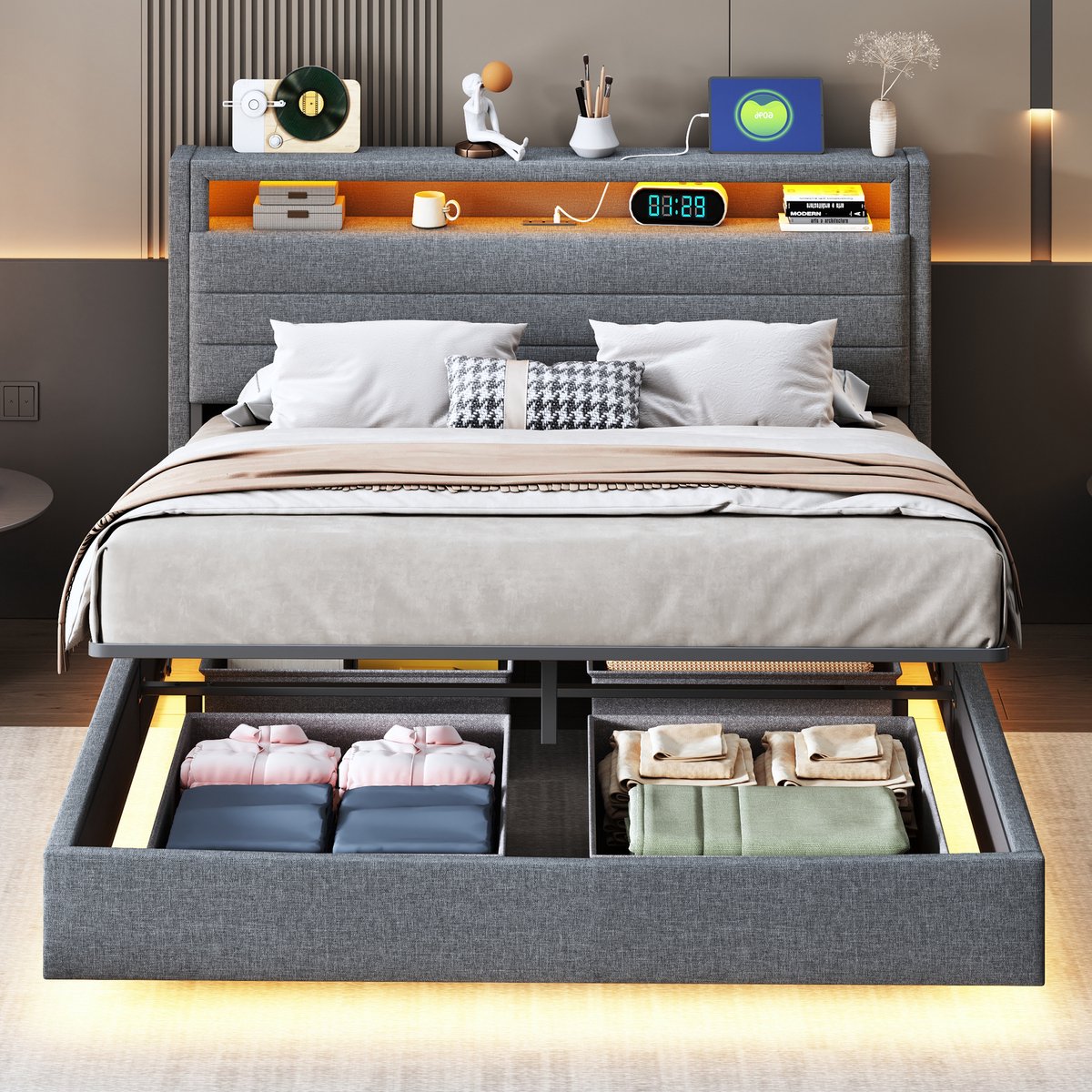 Merax 140x200 cm gestoffeerd bed met opbergruimte - met USB-aansluiting en LED-lamp - verstelbare hoofdsteun - grijs - zonder matras