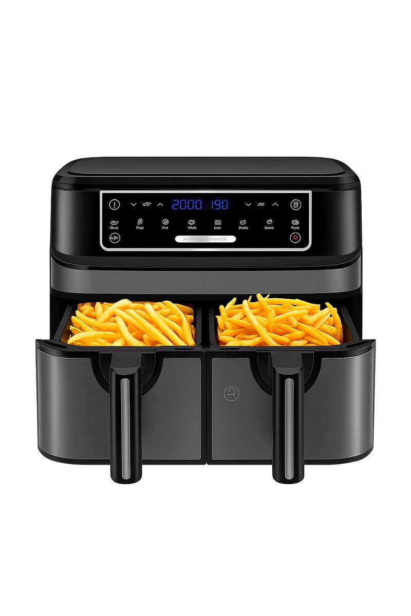 CYRO - Airfryer - Airfryer XXL - Airfryer kookboek - Heteluchtfriteuse - twee Lades - 9 Liter - LED touchscreen - 8 programma's - met Receptenboek