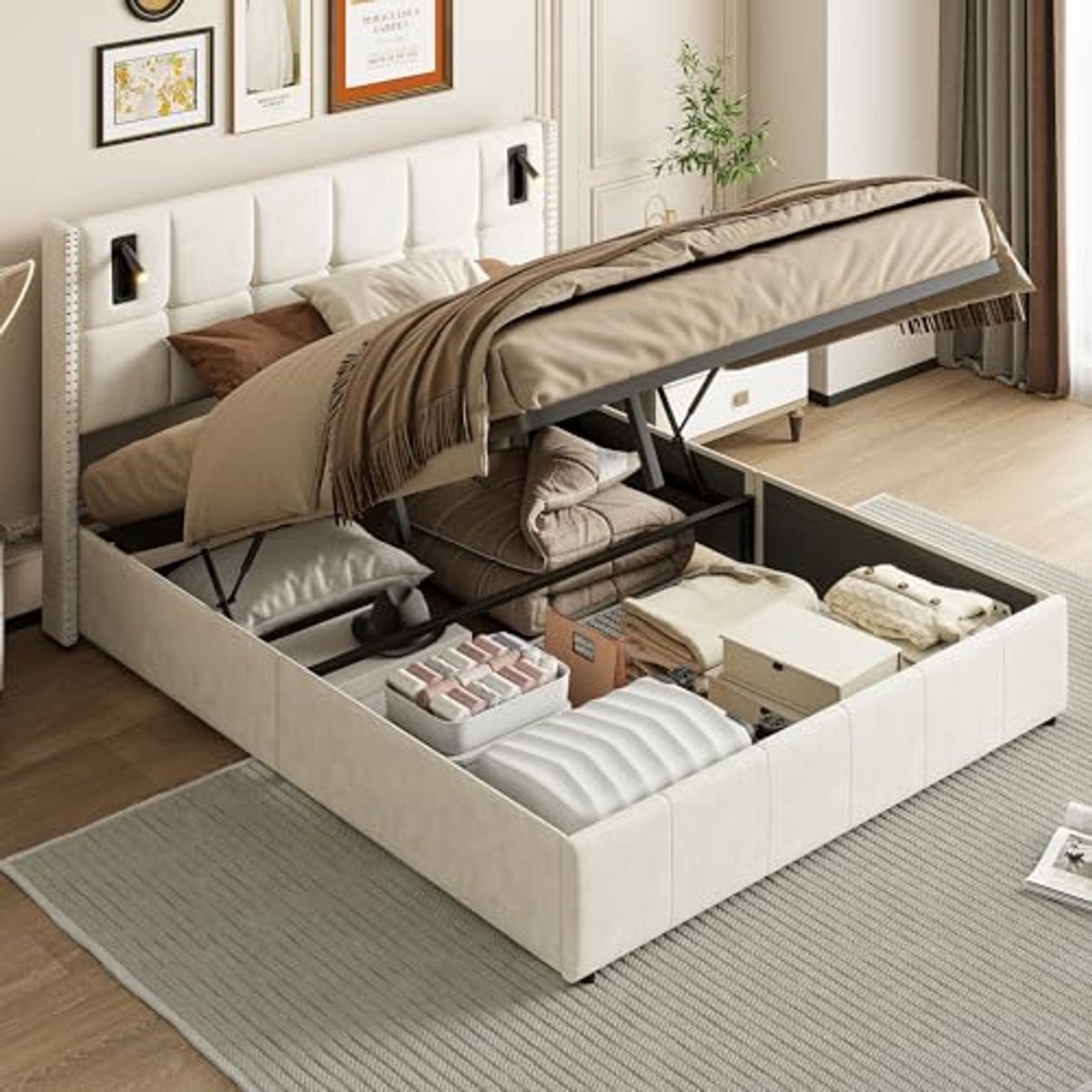 Tweepersoonsbed 140 x 200 cm met opbergruimte en leeslamp - Beige fluwelen bed met lattenb
