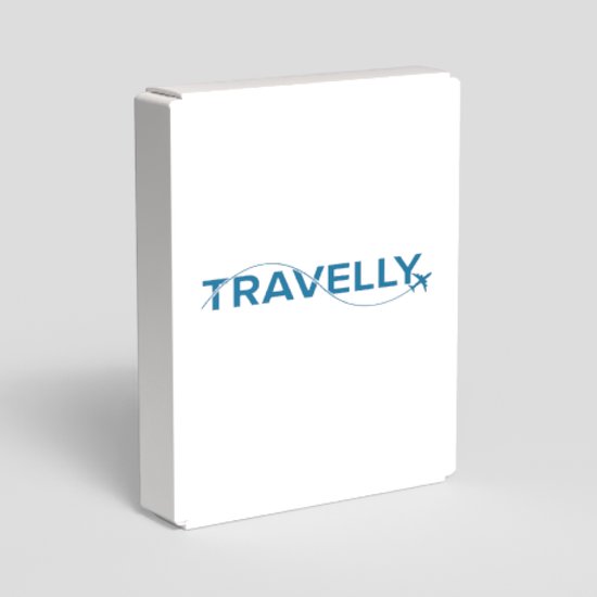 Wit doosje met het blauwe 'TRAVELLY' logo erop.