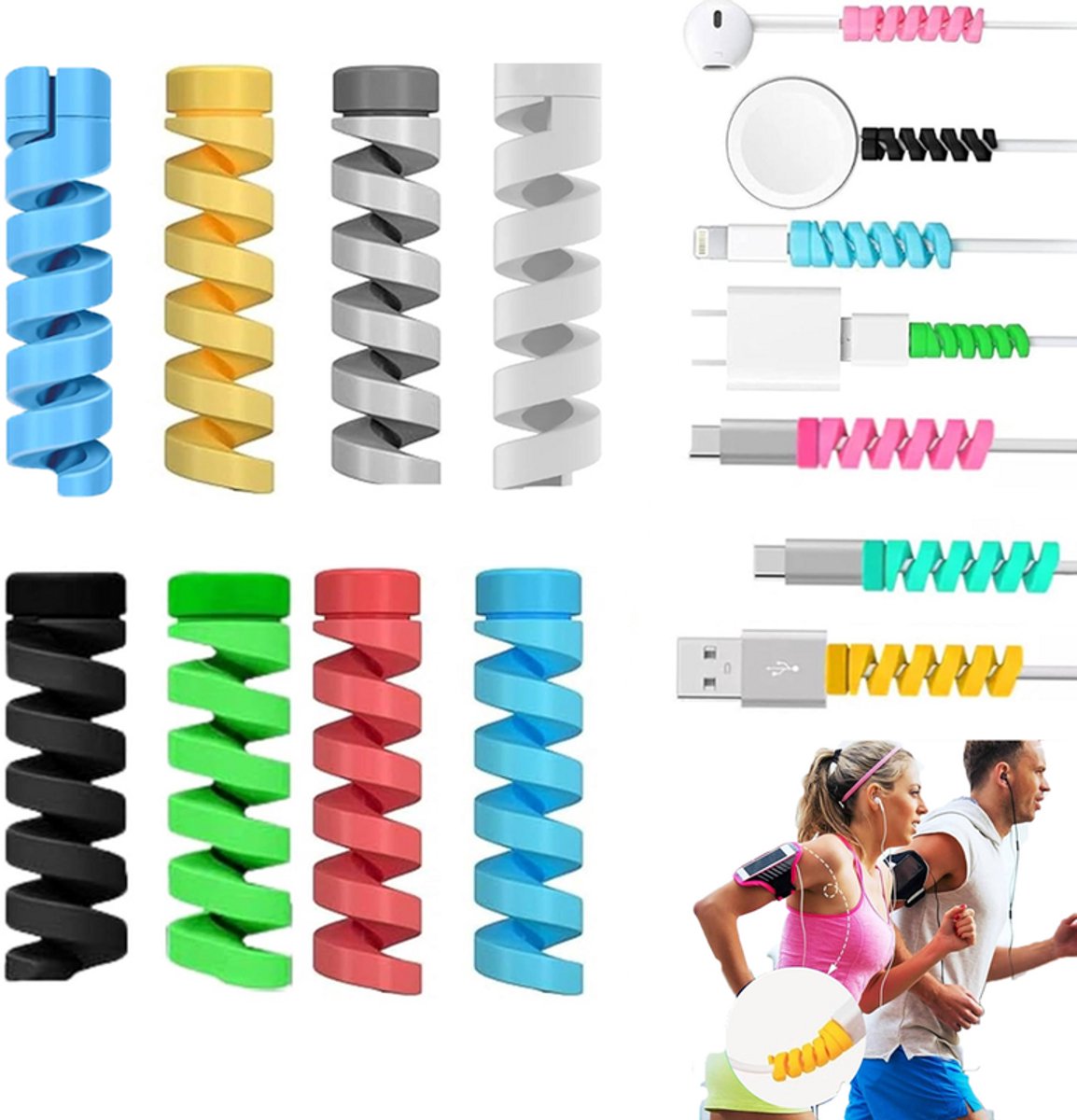 Image of 8 stuks - Spiraalvormige siliconen datakabelbeschermer - Kabelbeschermer - Mobiele telefoonkabelbeschermer - USB-kabelbeschermer - Type-C-opladerkabelbeschermer - Willekeurige kleur