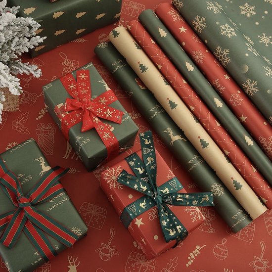 Inpakpapier - Cadeaupapier - Kerst Inpakpapier Set 7-delig – Kraft Cadeaupapier Kerstmis – 50x74 cm – Herbruikbaar Cadeaupapier met Rendier, Sneeuwvlok & Kerstboom Ontwerp – Milieuvriendelijk Kraftpapier