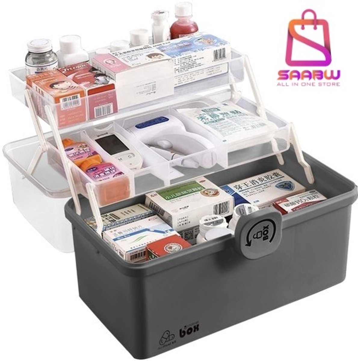 Medicijnkoffer met 2 lagen – Grote EHBO doos met vakken – opbergboxen medicijnen – Draagbare medische koffer – opbergbox met deksel – medicijnen doosje – organizer – 52836
