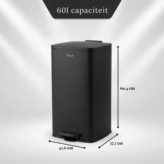 Zwarte Bayt prullenbak van 60 liter, met afmetingen 45.6 x 37.7 x 69.4 cm, voorzien van voetpedaal.
