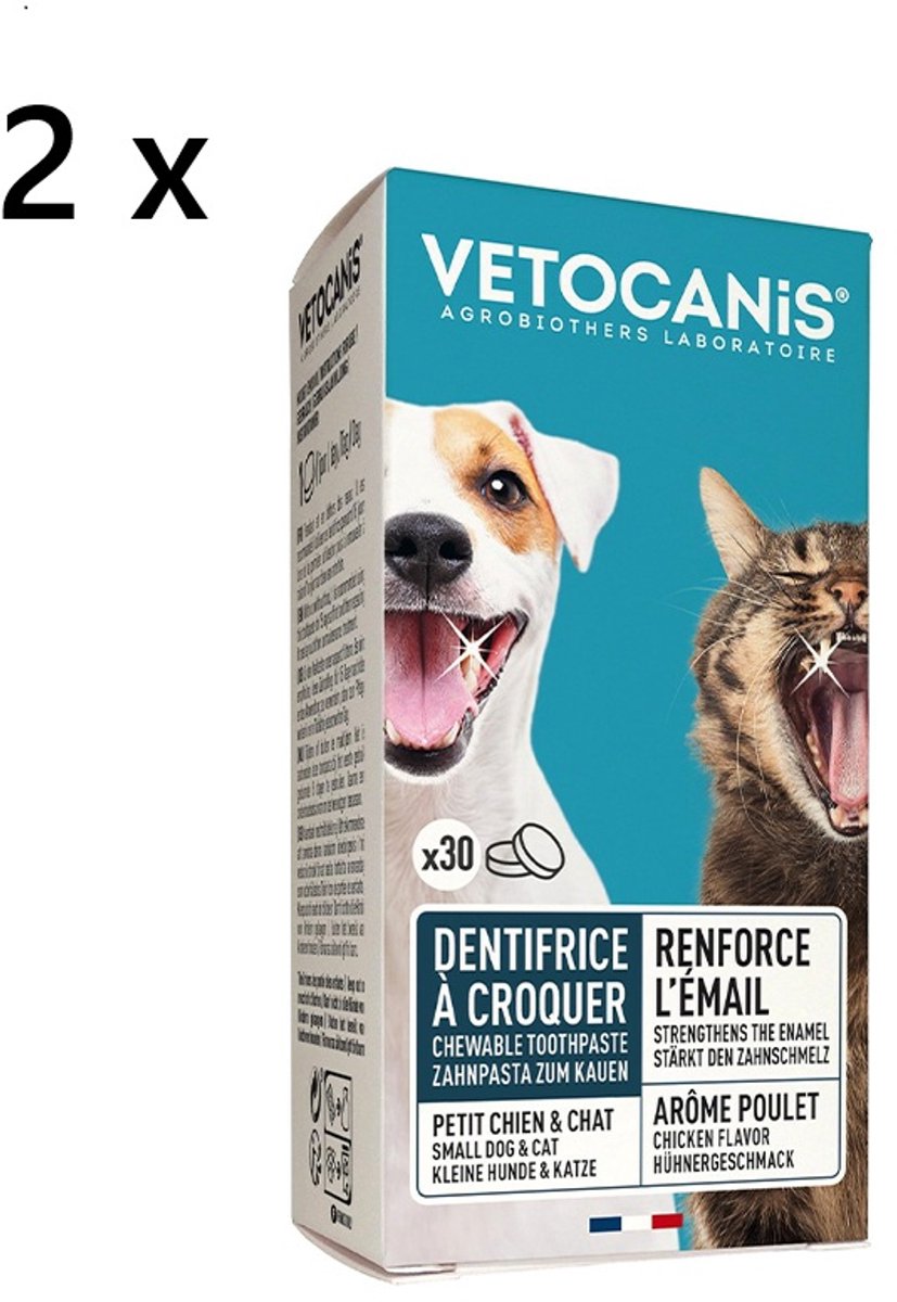 ** 2 X ** vetocanis tandpasta voor kleine hondjes en katten - kauwsnack - 30 st = 60 st - kippensmaak