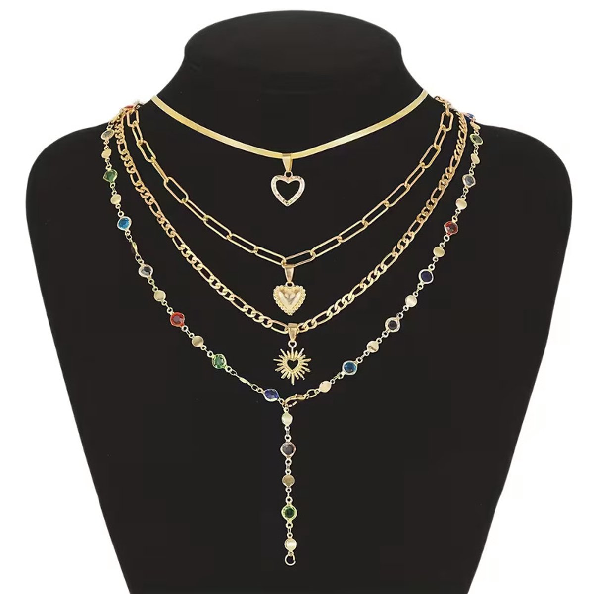 My Sweet Romance® - Dames Ketting 4-Delig - Goudkleurig met Hartjes, Zon en Kleurrijke Steentjes
