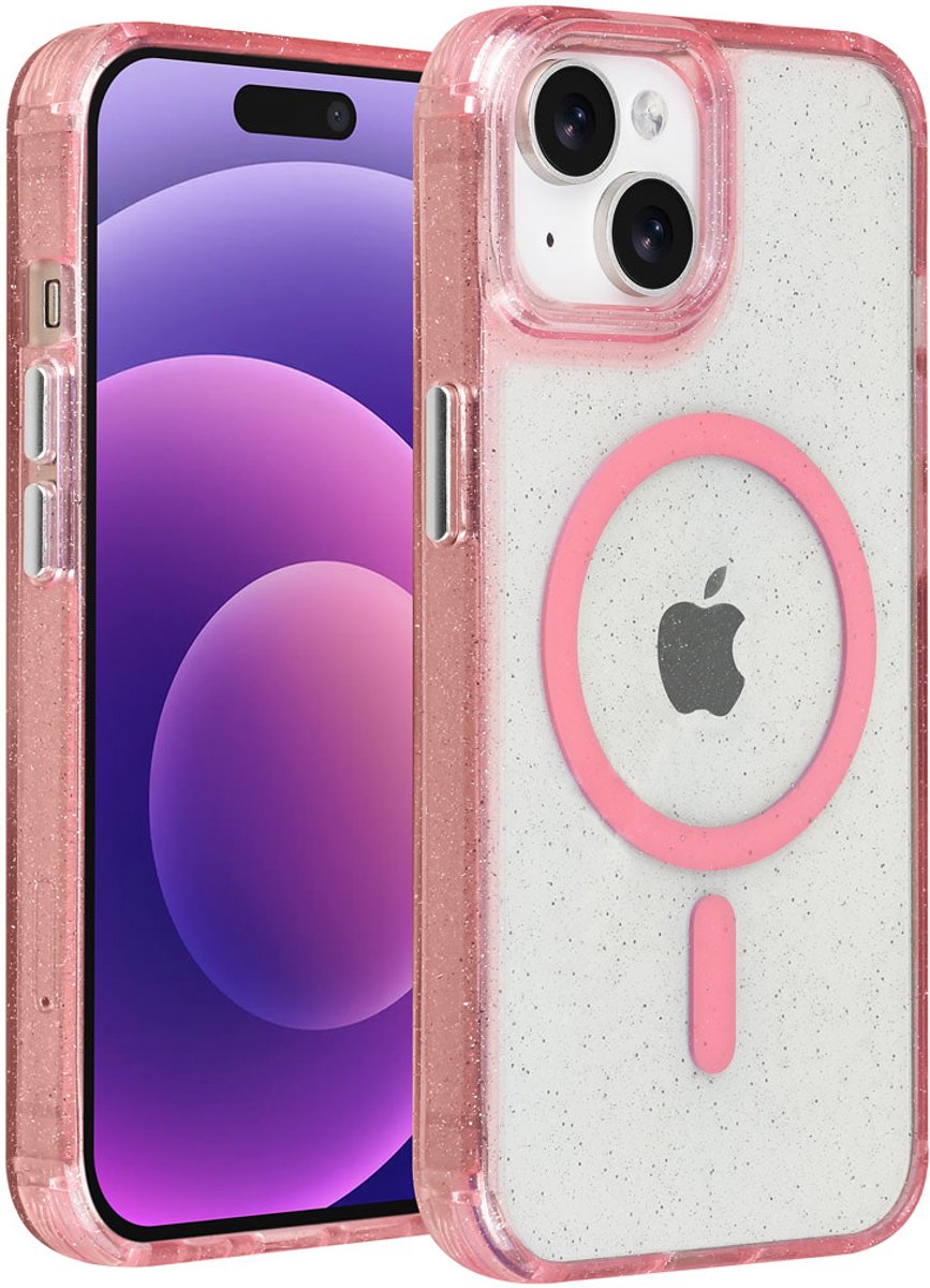 TUNIQ telefoonhoesje voor Apple iPhone 15 - MagSafe met glitter en koord - Roze