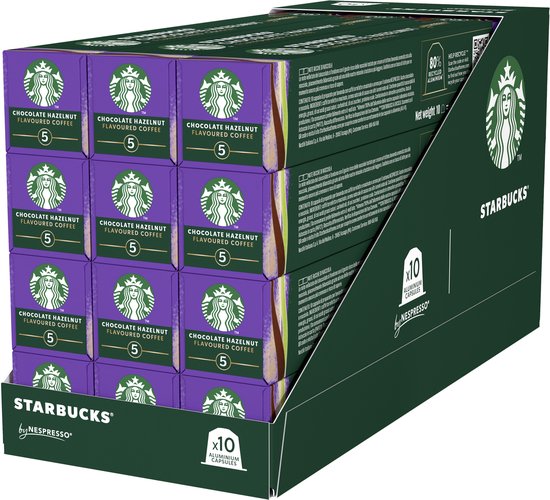 Displaydoos met 10 rijen van 10 Starbucks Chocolate Hazelnut by Nespresso capsules. Groene en paarse verpakking met Starbucks logo.