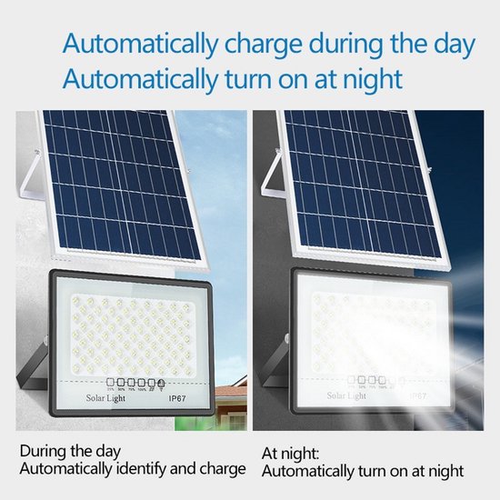 Vergelijking van solar schijnwerper die overdag laadt en 's nachts aangaat.