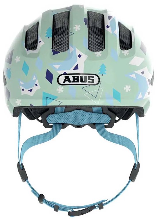 Lichtgroene fietshelm met speels winter/dierenmotief. Met ABUS logo.