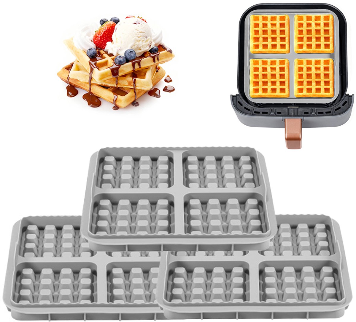 3 stuks wafelinzetstukken - geschikt voor Philips Airfryer 2000 Series NA229/00 - 24*18*4cm - grijs