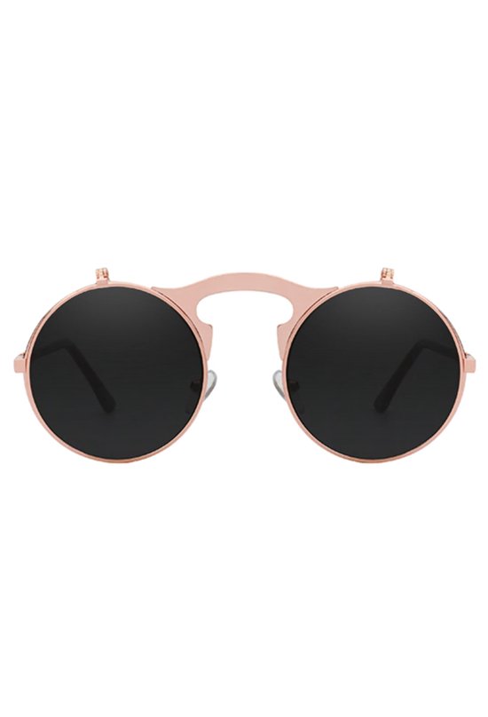 KIMU Ronde Zonnebril Flip Up - Roségoud Montuur Rond - Zwarte Spiegelglazen - Vintage Steampunk Retro Opklapbaar Bril Bruine Pootjes - Rosékleurig Vintage Rosé Roze Festival van Merkloos — afbeelding 3