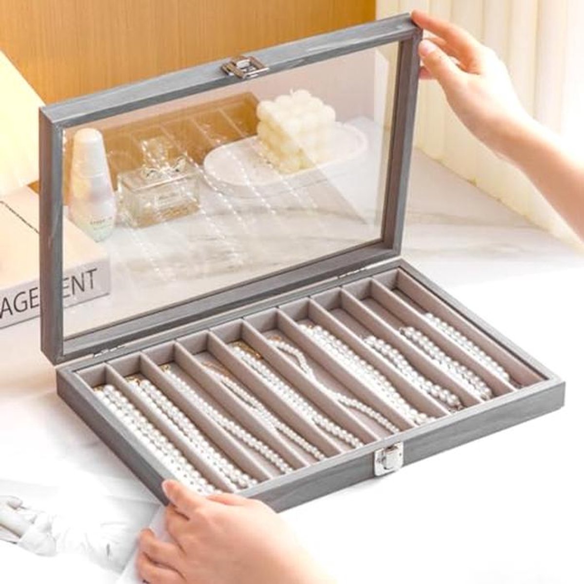 Transparante ketting organizer met glazen deksel - Stapelbare sieraden opslag voor vrouwen
