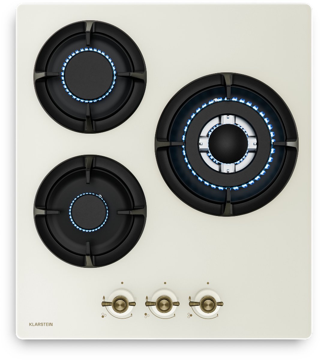 Klarstein Victoria gasfornuis, 3 branders, 6050 W, 45 cm glazen kookplaat, geschikt voor LPG en aardgas, retro design, elektrische ontsteking, vlambeveiliging, slang- en regelaarset, crème