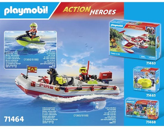 Overzicht van PLAYMOBIL speelgoed: brandweerboot met waterscooter, watervliegtuig en reddingsring.